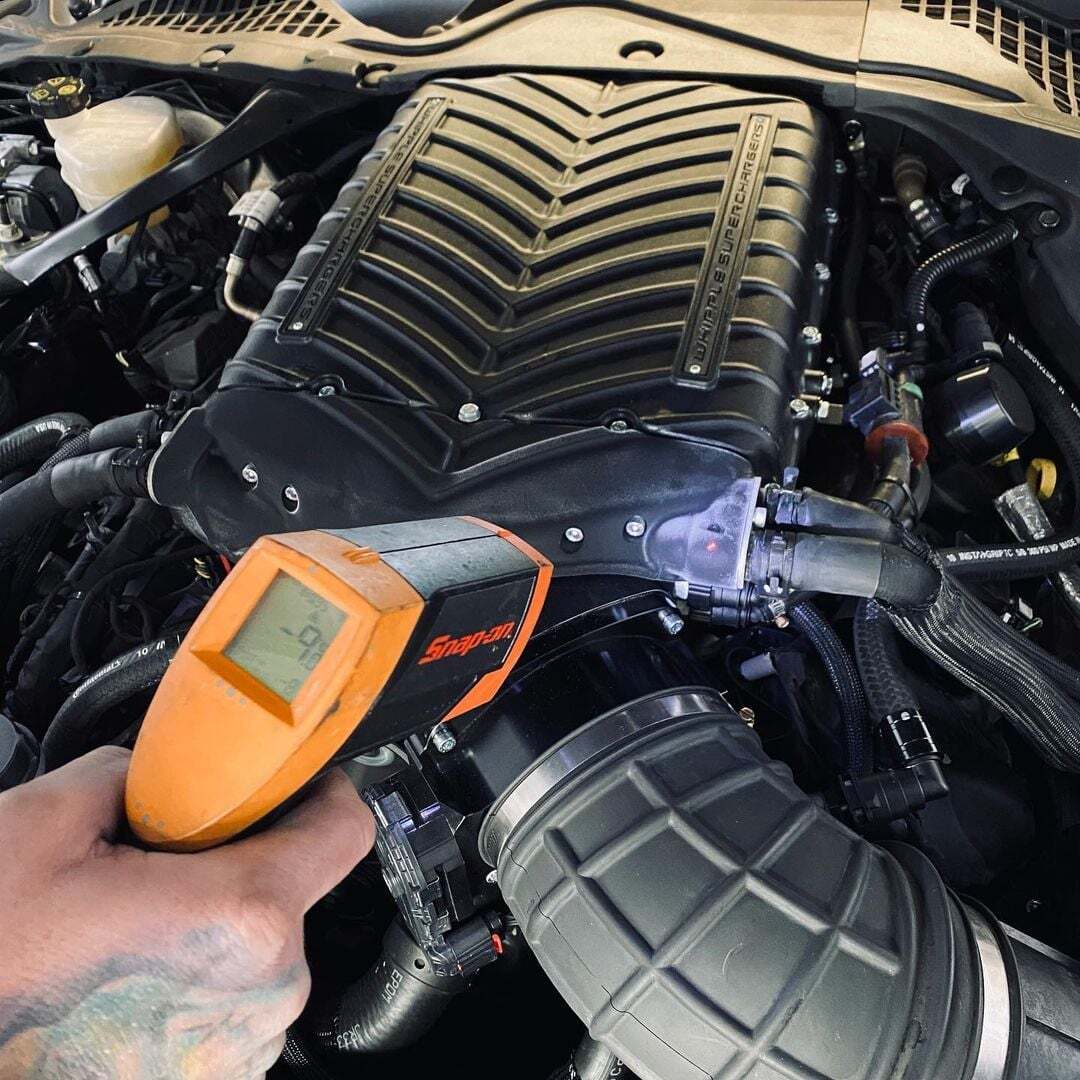 FI Interchiller lowers intake temps on Whipple Supercharger equipped Mustang 5.0L GT.